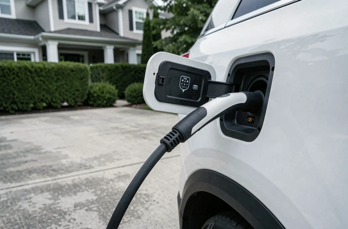 Port de charge branché sur un SUV hybride rechargeable garé dans une allée résidentielle