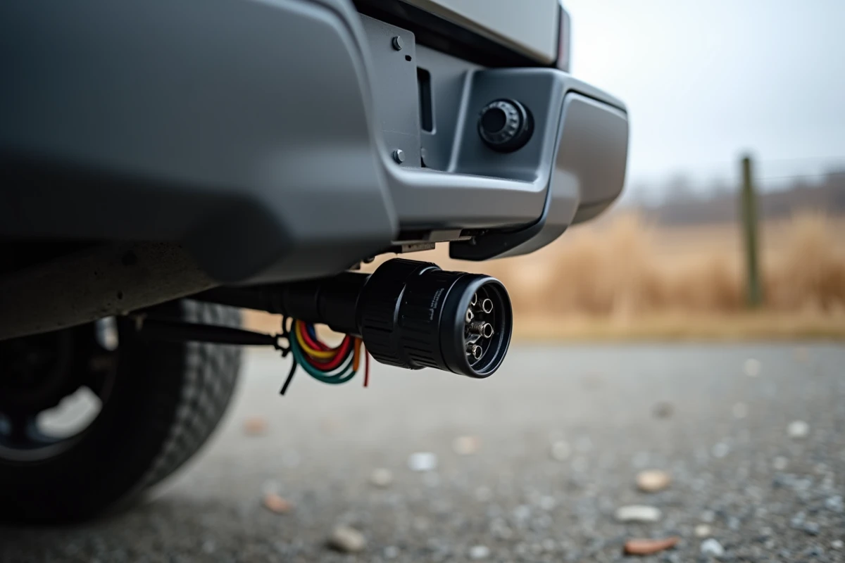 Prise remorque 13 broches montée sous un pickup avec faisceau électrique fixé sur le châssis