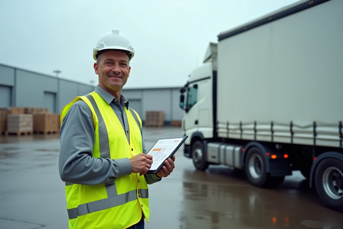 Professionnel du transport routier debout près d'un camion poids lourd dans un entrepôt logistique consultant un document de permis
