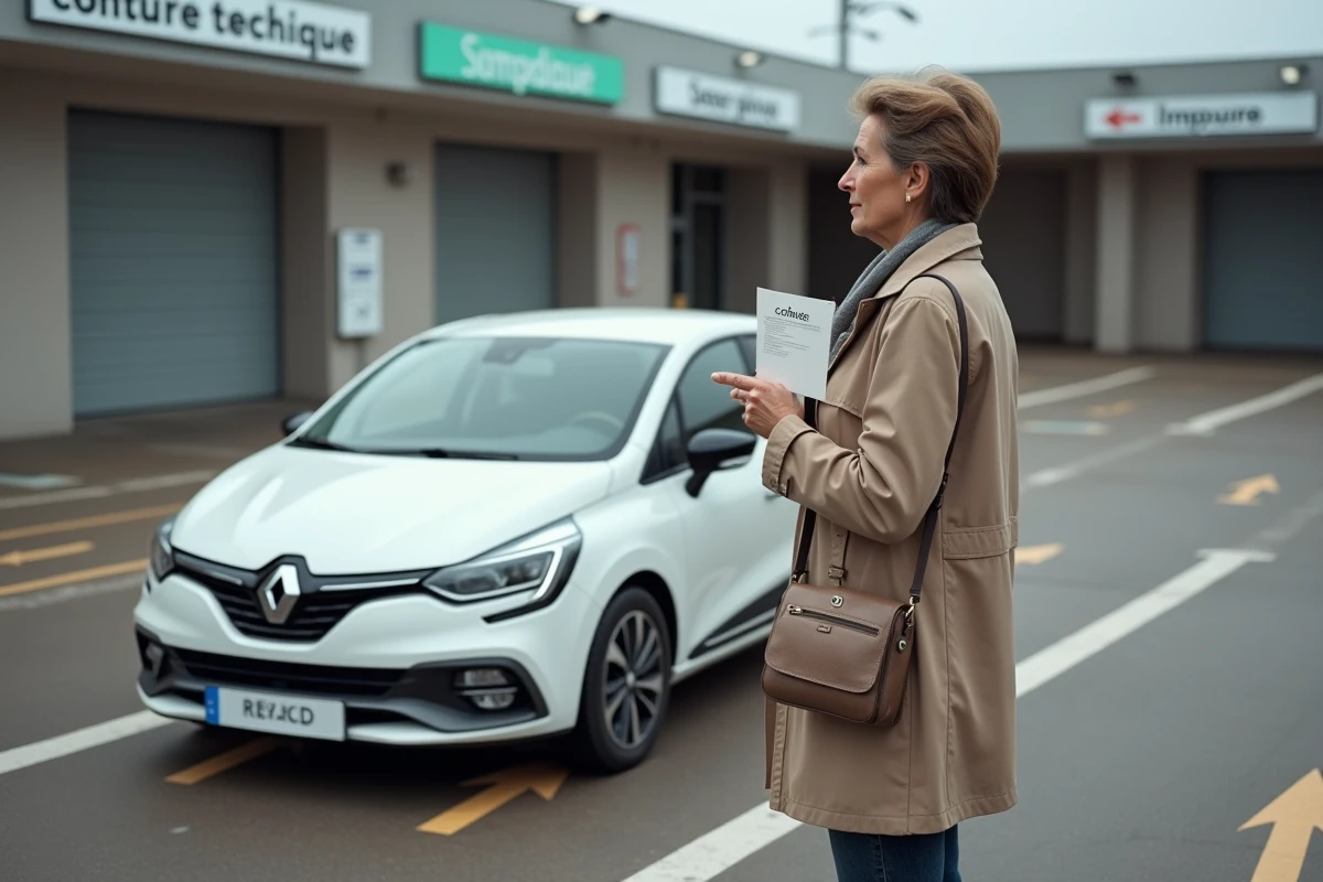 Femme tenant un document de contrôle technique devant un centre de contrôle automobile Renault en zone urbaine