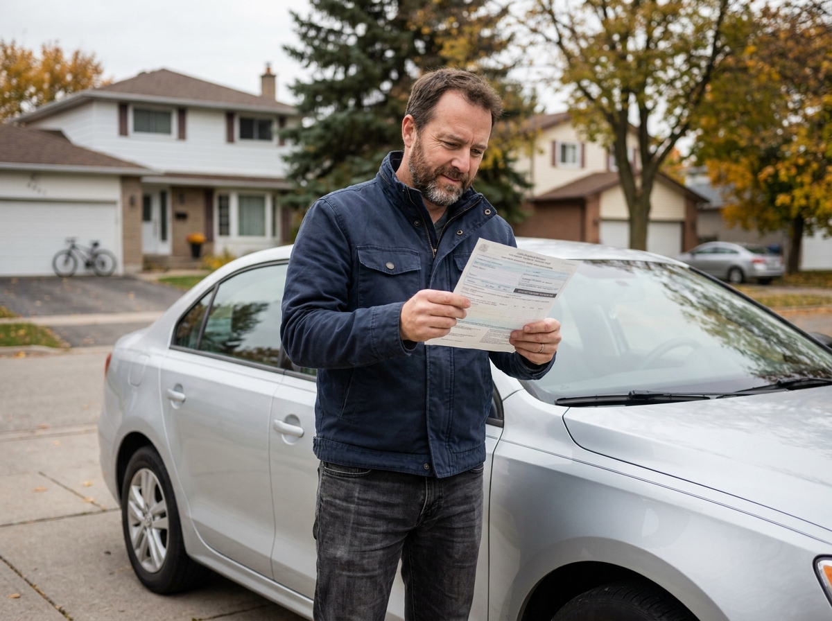 Propriétaire de véhicule consultant sa carte grise lors d'un changement de titulaire après achat de voiture