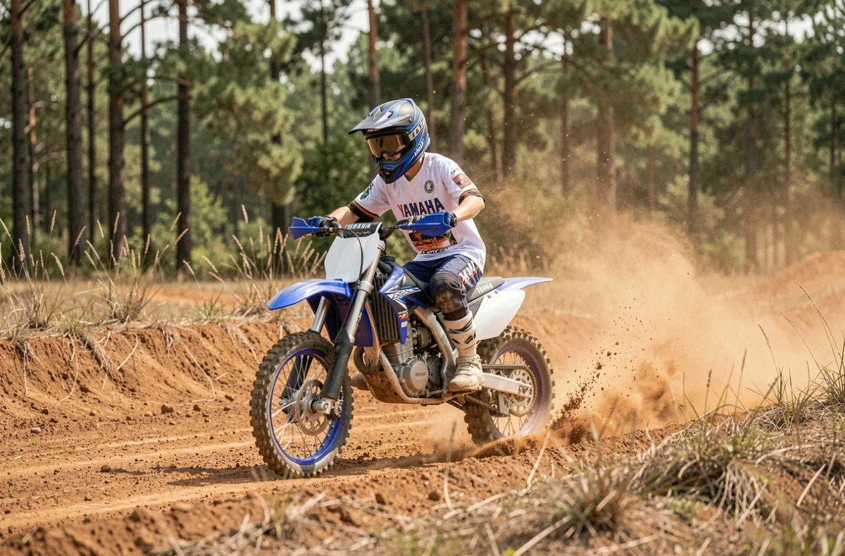 PW80 en pleine action dans un virage de piste de motocross avec projection de terre et pilote adolescent en pleine maîtrise