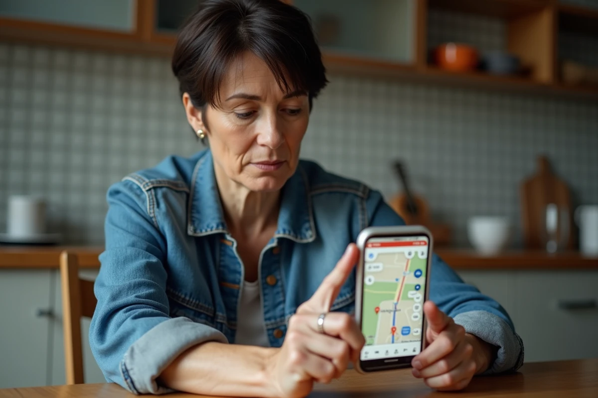 Femme vérifiant l'affichage des radars sur Google Maps avec un smartphone ancien à la maison