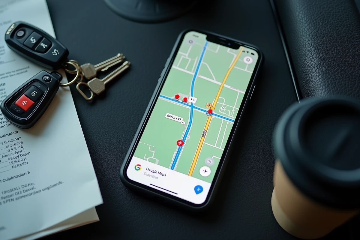Vue aérienne d'un vieux smartphone affichant les radars sur Google Maps posé sur un tableau de bord