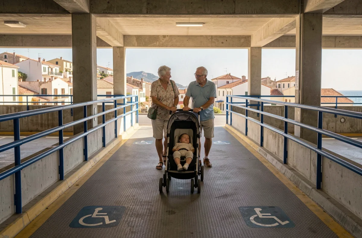 Grands-parents avec poussette sur rampe accessible d'un parking en bord de mer à Carry-le-Rouet