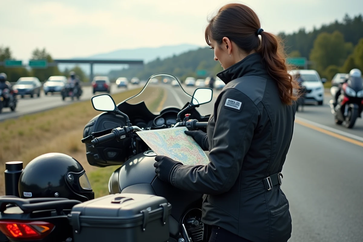 Femme motarde vérifiant une carte près de sa Kawasaki 1000 GTR