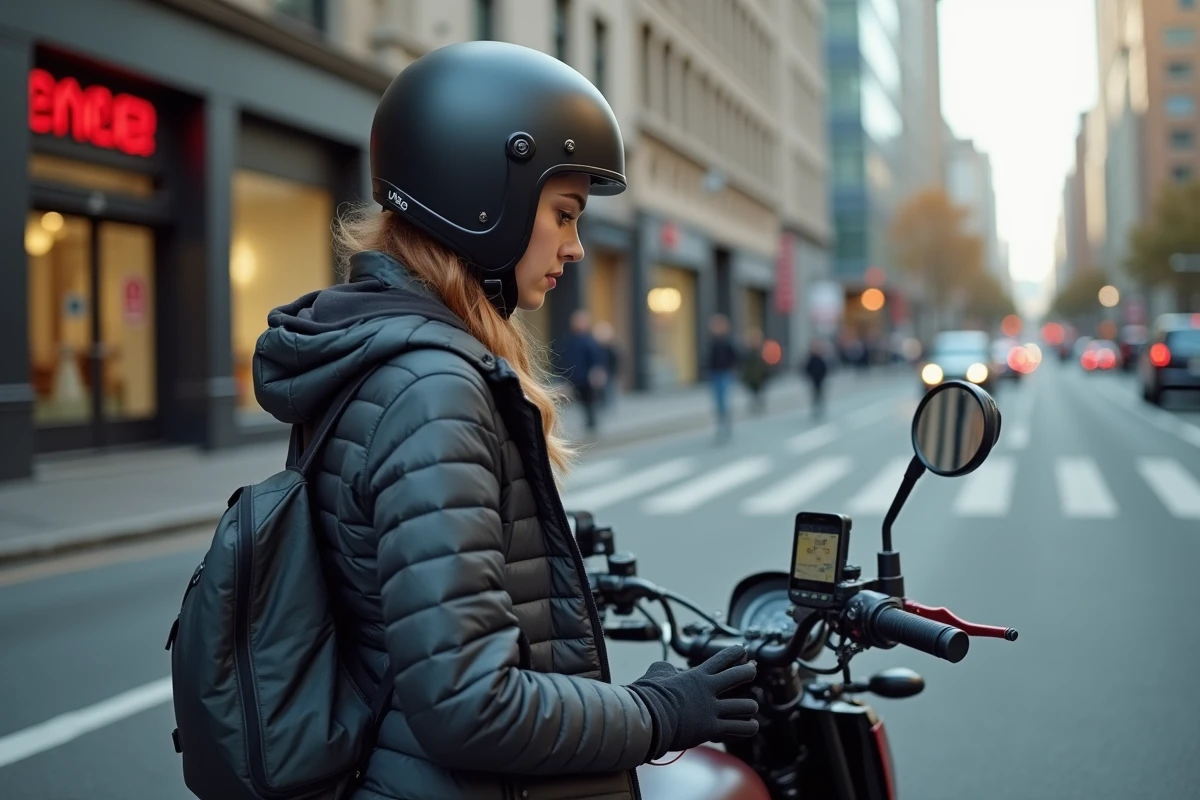 Jeune femme vérifiant GPS sur moto en ville