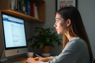 Jeune femme recherchant son code NEPH sur un site administratif en ligne depuis son bureau à domicile