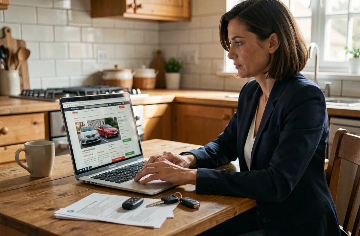 Femme recherchant une voiture d'occasion entre particuliers sur un site web depuis chez elle