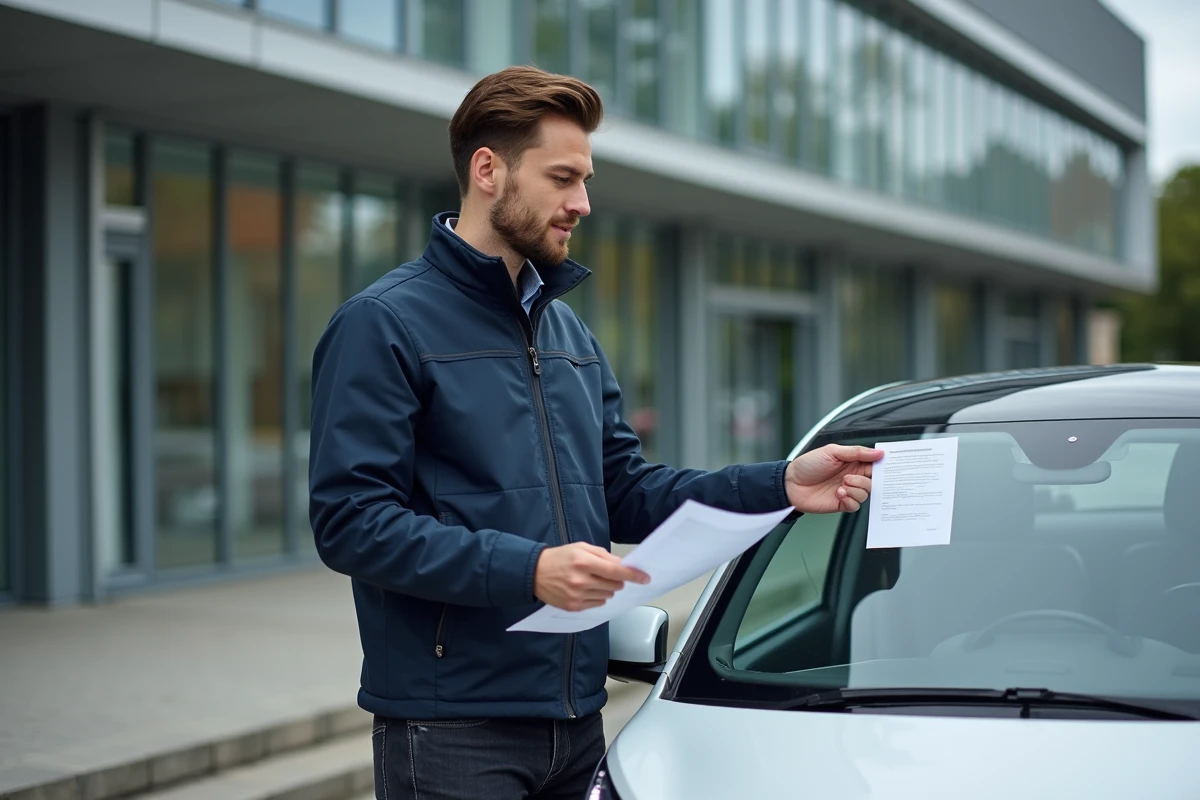 Jeune homme tenant un document réglementaire devant une voiture sans permis dans un centre administratif français
