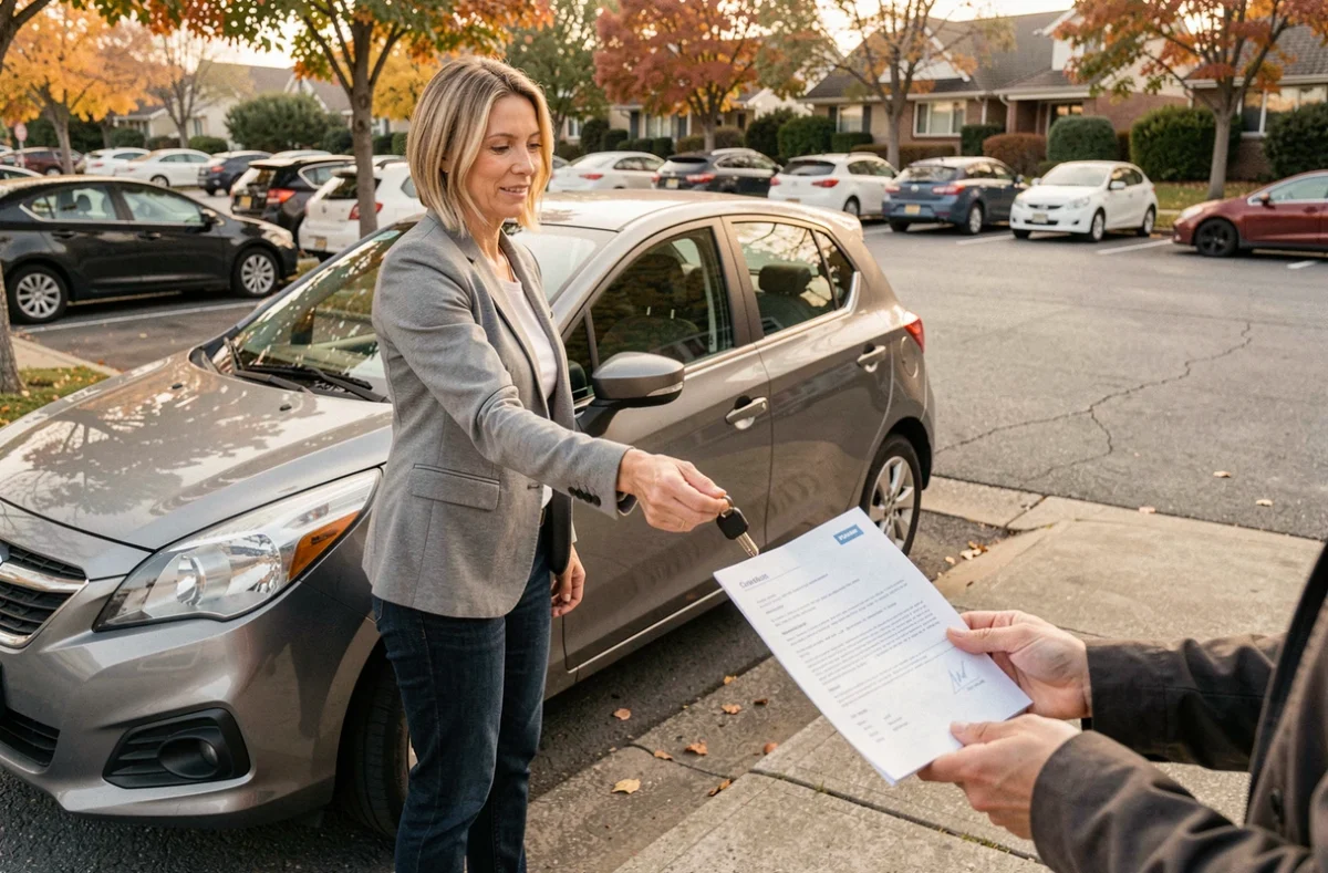 Femme remettant les clés de sa voiture à l'acheteur lors d'une vente de véhicule d'occasion, avec l'acte de cession en main