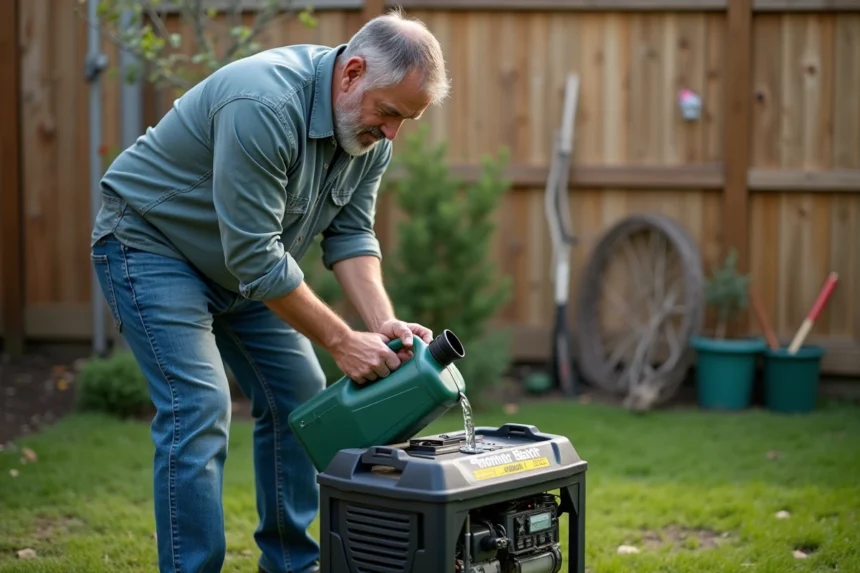 Homme versant du carburant dans un générateur en extérieur