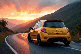 Renault Clio 2 RS au lever du soleil en montagne