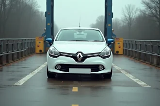 Renault Clio posée sur un pont-bascule industriel pour mesure du poids à vide
