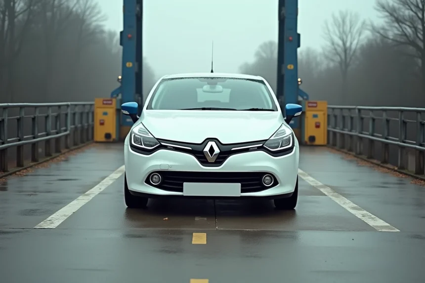Renault Clio posée sur un pont-bascule industriel pour mesure du poids à vide
