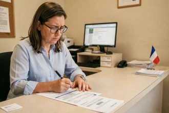 Femme remplissant un formulaire de renouvellement de permis de conduire dans un bureau administratif