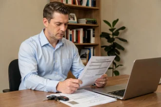 Homme consultant un contrat d'assurance auto après la vente de son véhicule, avec les clés de voiture et un acte de cession sur le bureau