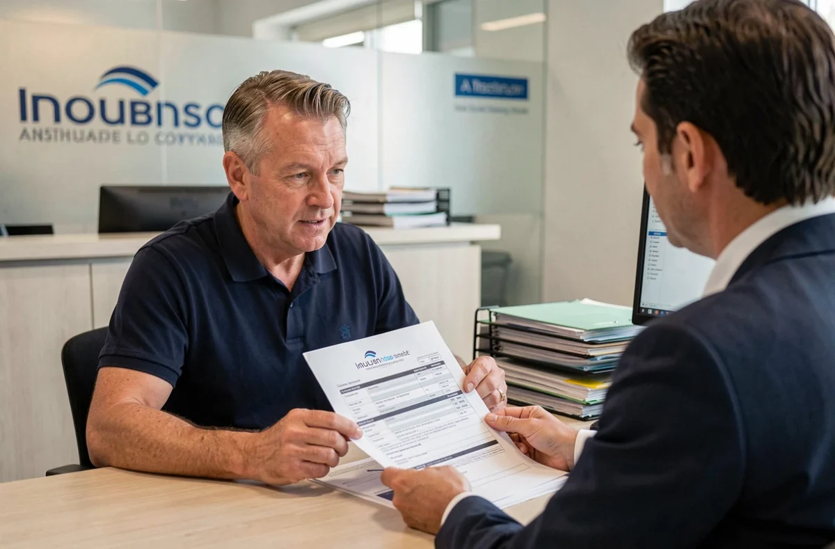 Client et agent d'assurance examinant ensemble un formulaire de résiliation de contrat auto dans une agence d'assurance