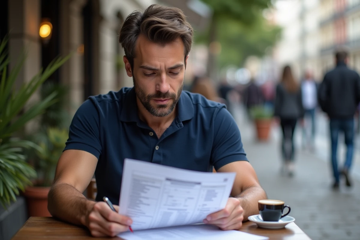 Homme révisant une checklist permis de conduire PDF imprimée en terrasse de café en ville