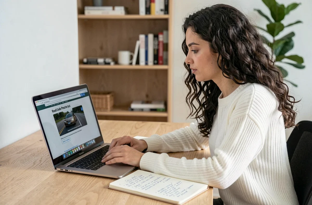 Femme révisant le code de la route en ligne pour une voiture sans permis