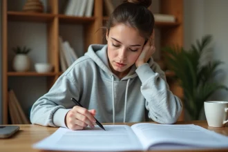 Jeune femme révisant des fiches de vérification du permis de conduire imprimées sur un bureau en bois à domicile