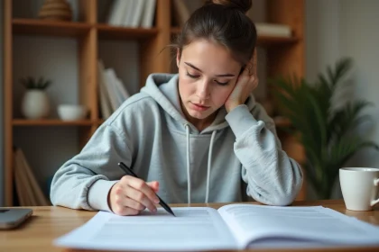 Jeune femme révisant des fiches de vérification du permis de conduire imprimées sur un bureau en bois à domicile