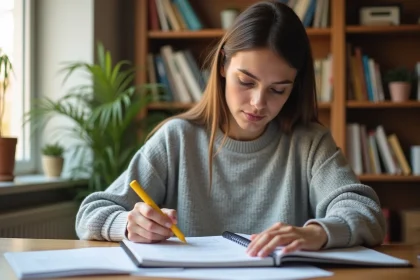 Jeune femme révisant des questions de code de la route sur un cahier imprimé à son bureau
