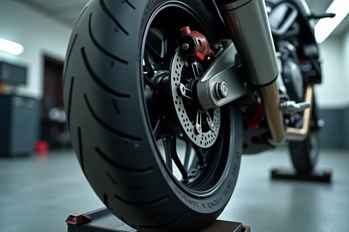 Roue arrière de moto sur plateforme de diagnostic lors d'un contrôle technique deux-roues