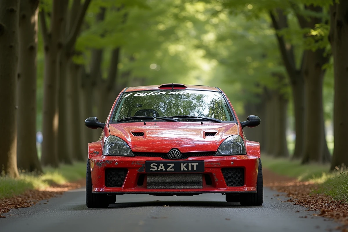 Saxo Kit car rouge garée sur une route de campagne bordée de forêt