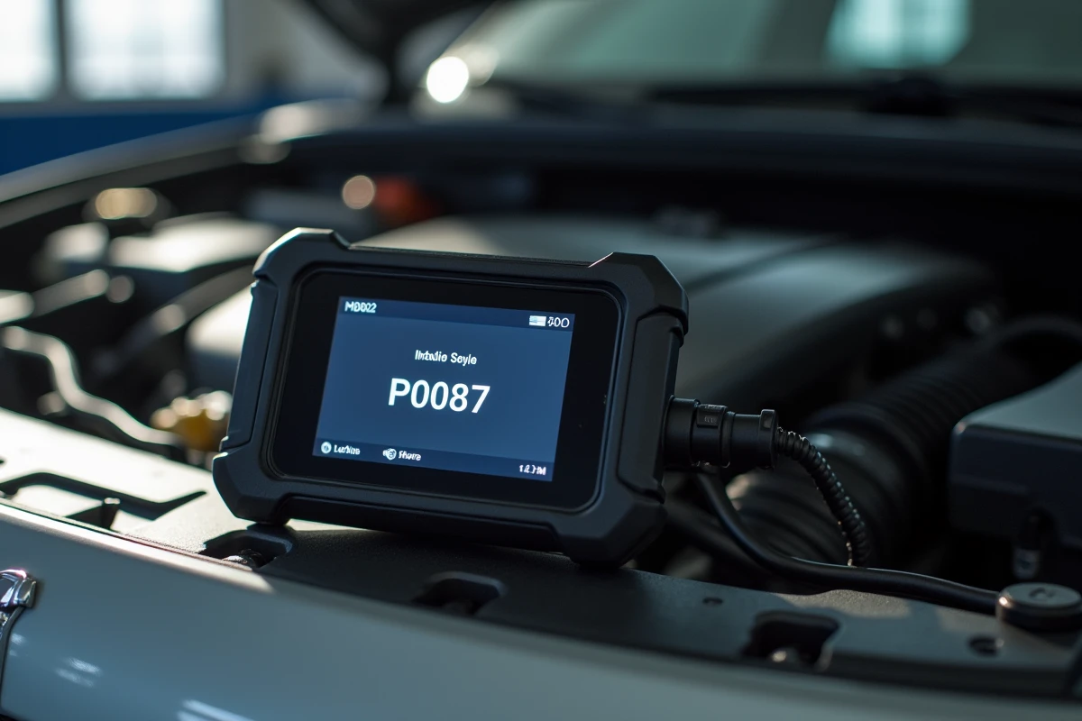 Scanner OBD2 affichant le code défaut P0087 posé sur le moteur d'une Peugeot 3008 en atelier