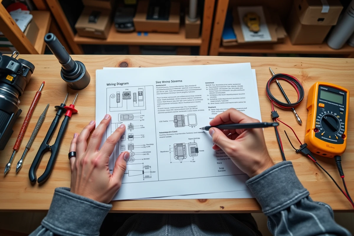Schéma de câblage prise remorque posé sur un établi avec outils électriques