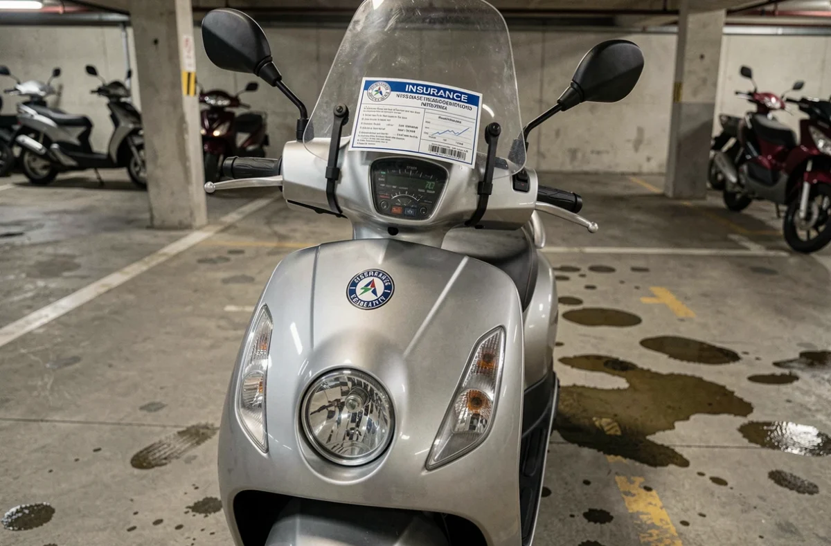 Scooter 125cc garé dans un parking avec vignette d'assurance visible sur le pare-brise