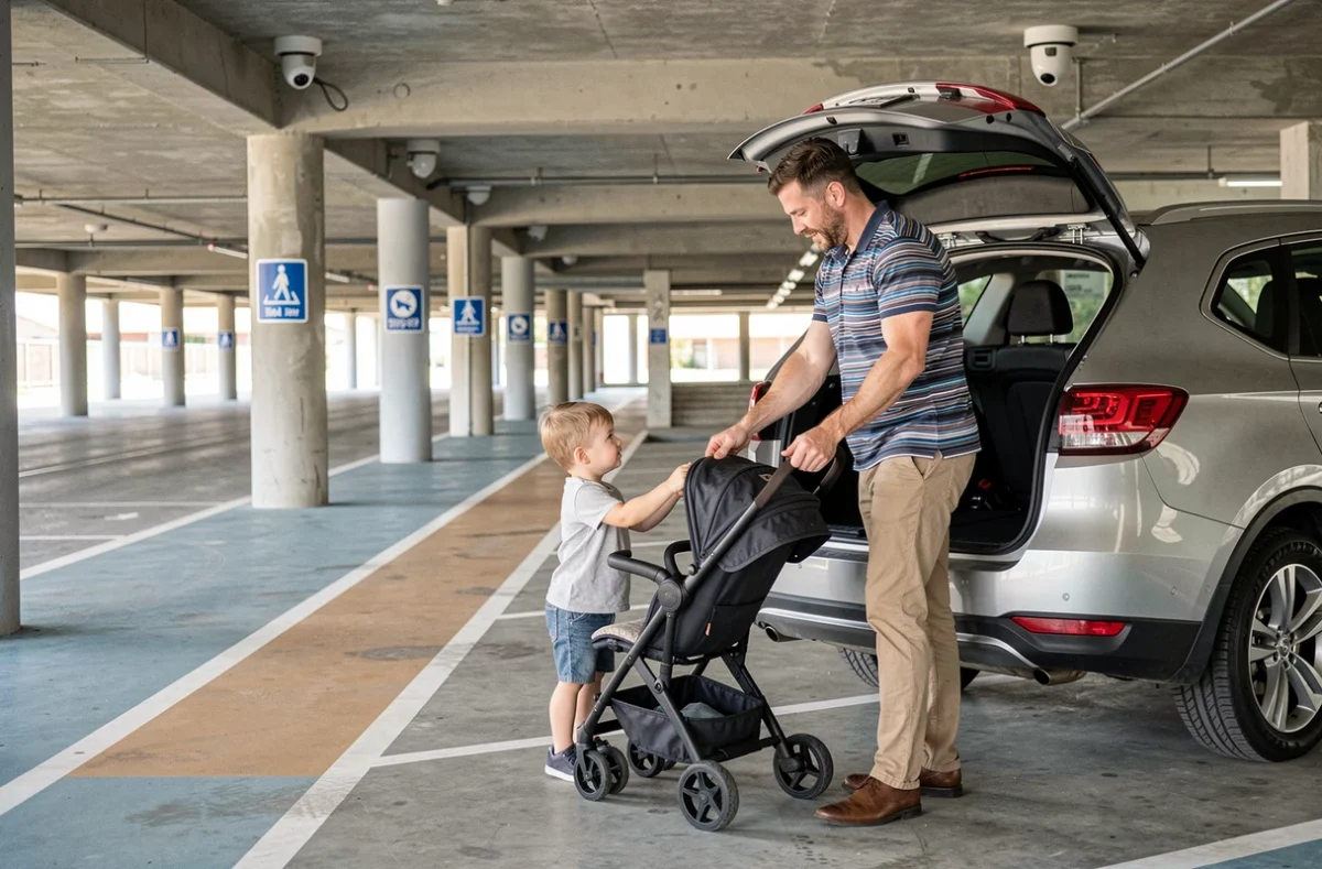 Père et enfant en bas âge dans un parking sécurisé avec signalétique piétonne claire à Carry-le-Rouet