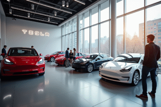 Showroom Tesla moderne avec voitures électriques exposées
