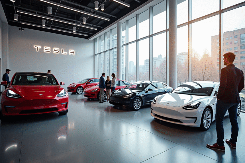 Showroom Tesla moderne avec voitures électriques exposées