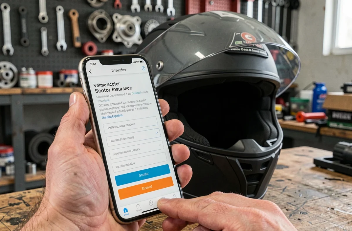 Mains tenant un smartphone affichant un formulaire d'assurance scooter en ligne, posé sur un casque de moto