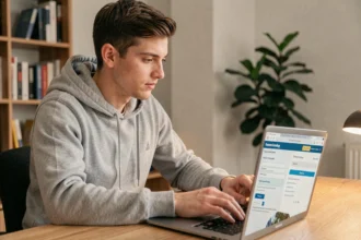 Jeune homme souscrivant une assurance scooter en ligne sur son ordinateur portable depuis son appartement