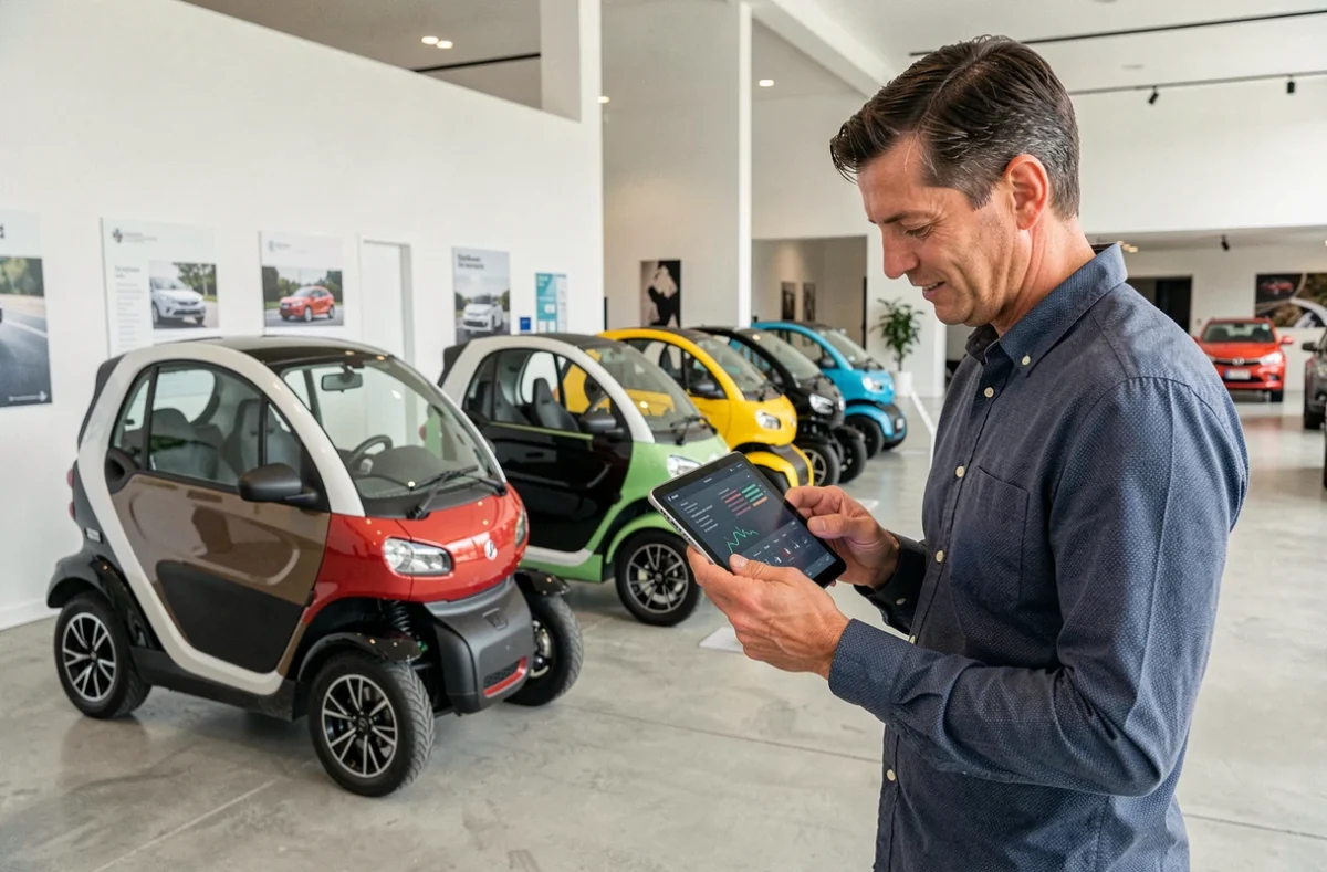 Spécialiste en mobilité examinant des données sur tablette dans une concession de voitures sans permis électriques en France