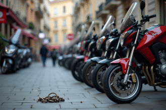 Rangée de motos stationnées en ville avec une chaîne cassée