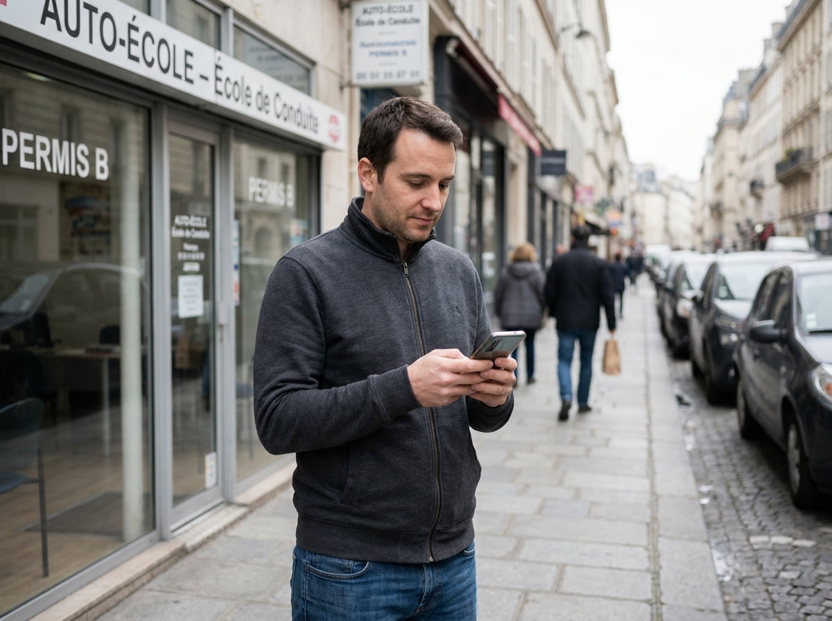 Homme consultant son dossier de permis de conduire en ligne sur smartphone devant une auto-école