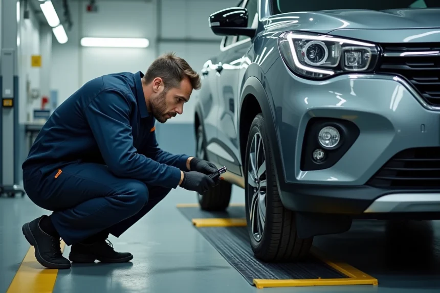 Technicien en blouse bleue effectuant un contrôle technique sur une Renault dans un centre de contrôle automobile agréé