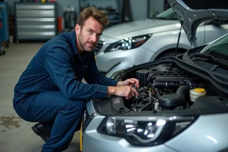Technicien automobile inspectant le rail de carburant d'une Peugeot 308 pour diagnostiquer le code erreur P0087