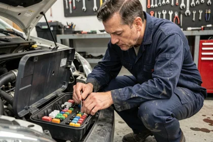 Technicien automobile inspectant un boîtier de fusibles Peugeot dans un atelier de réparation