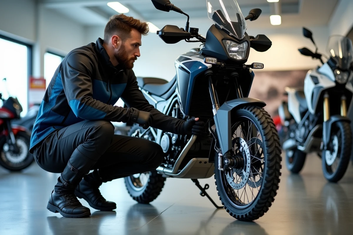 Grand gabarit testant la hauteur de selle d'une moto trail adventure dans une concession moto moderne