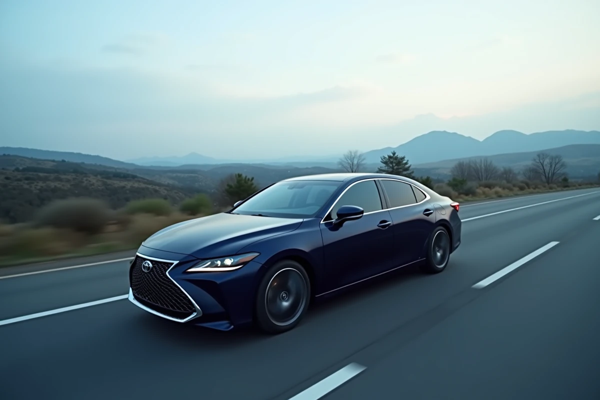 Toyota Crown hybride en déplacement sur autoroute, illustration de l'efficacité et du dynamisme des voitures asiatiques premium pour les grands rouleurs professionnels