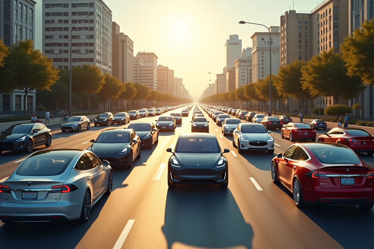 Traffic avec voitures Tesla visibles sur une route en ville