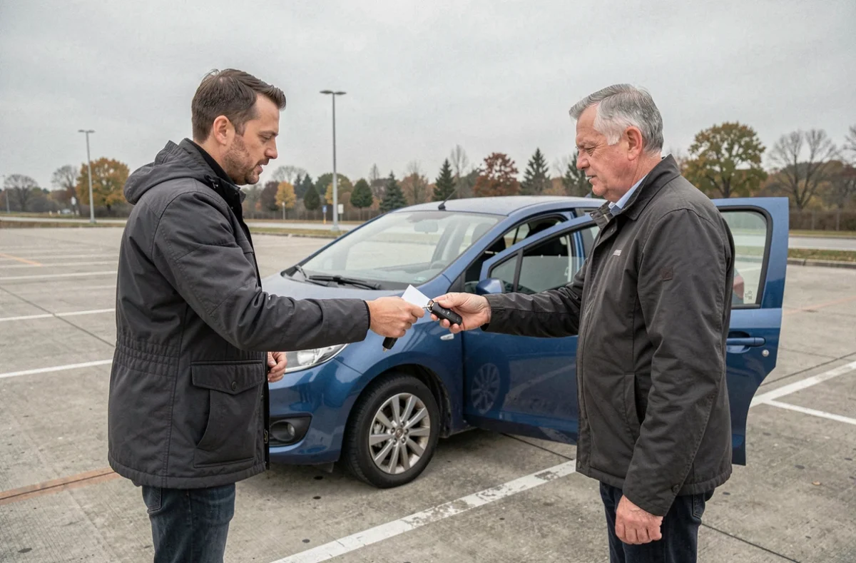 Deux particuliers finalisant la vente d'une voiture d'occasion dans un parking avec remise des clés