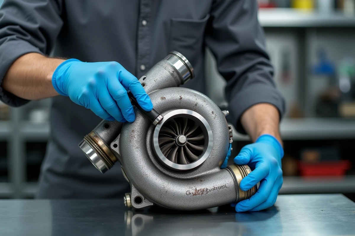Turbocompresseur usé du moteur BMW M47 inspecté par un technicien sur un établi d'atelier mécanique