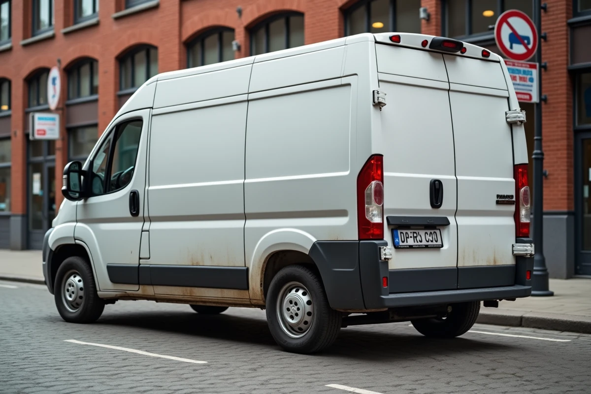 Utilitaire compact blanc garé en zone urbaine de livraison, illustrant la puissance moteur de 100 kW adaptée aux véhicules commerciaux
