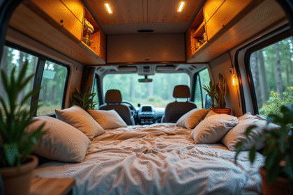 Intérieur d'un van Peugeot Expert aménagé en camping cosy
